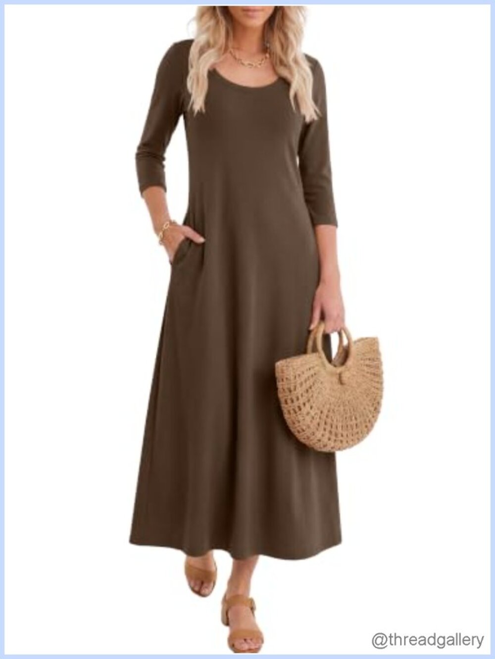 Womens 3/4 Sleeve Scoop Neck Casual Maxi Dress with Pockets A-Line